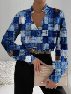 Women's Shirt Blouse Red Blue Brown Graphic Geometric Print Long Sleeve Casual Daily Basic V Neck Regular Fit Geometric Fall & Winter -Cheap Plus Fit Dress Store tqlouw1690456662339