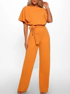 Hot Sale Fabric Upgrade!! One Piece Jumpsuits For Women Belted Long Wide Leg Pant Party Romper Jumpsuits Casual Loose Short Sleeve Playsuits With Belts -Cheap Plus Fit Dress Store tqmgjs1618197452764