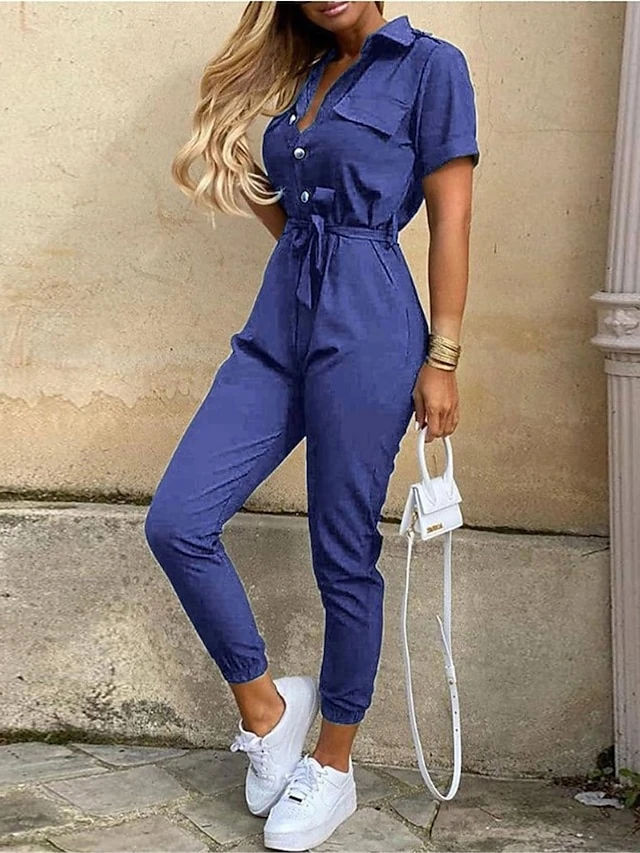 Women's Jumpsuits Casual Summer Button Solid Color Shirt Collar Streetwear Daily Vacation Regular Fit Short Sleeve Pink Wine Navy Blue S M L 1 Women's Jumpsuits Casual Summer Button Solid Color Shirt Collar Streetwear Daily Vacation Regular Fit Short Sleeve Pink Wine Navy Blue S M L