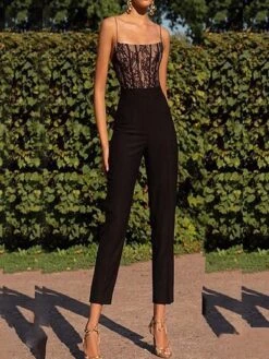 Women's Jumpsuit Lace Backless Solid Color Square Neck Streetwear Street Daily Slim Sleeveless Black S M L Fall