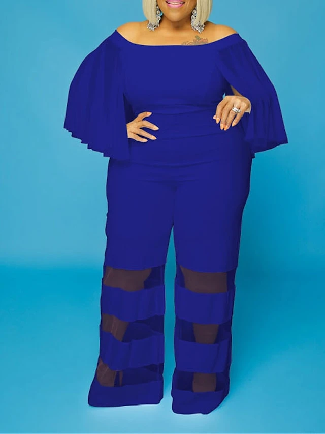 Women's Jumpsuit Mesh Patchwork Solid Color Off Shoulder Elegant Party Office Regular Fit 3/4 Length Sleeve Black Red Blue XL XXL 3XL Summer 4 Women's Jumpsuit Mesh Patchwork Solid Color Off Shoulder Elegant Party Office Regular Fit 3/4 Length Sleeve Black Red Blue XL XXL 3XL Summer - Image 4