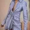 Women's Shirt Dress Casual Dress Bodycon Mini Dress Outdoor Daily Vacation Polyester Casual Shirt Collar Lace Up Long Sleeve Summer Spring Fall 2023 Regular Fit Blue Striped S M L XL