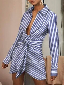 Women's Shirt Dress Casual Dress Bodycon Mini Dress Outdoor Daily Vacation Polyester Casual Shirt Collar Lace Up Long Sleeve Summer Spring Fall 2023 Regular Fit Blue Striped S M L XL