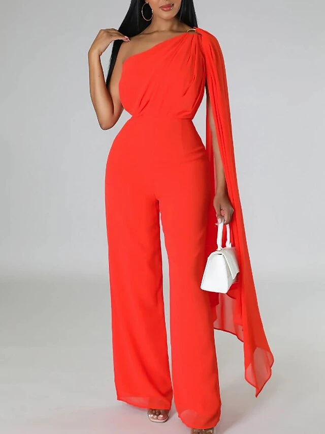 Women‘s Jumpsuit Cape Solid Color One Shoulder Wedding Business Wedding Street Slim Sleeveless Orange Red Dark Pink S M L Fall 6 Women‘s Jumpsuit Cape Solid Color One Shoulder Wedding Business Wedding Street Slim Sleeveless Orange Red Dark Pink S M L Fall - Image 6