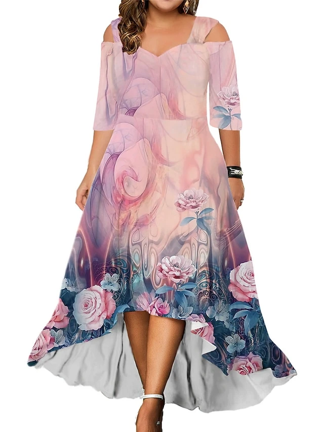 Women‘s Plus Size Curve Party Dress Wedding Guest Dress Swing Dress Long Dress Maxi Dress Pink Blue Green 3/4 Length Sleeve Leaf Cold Shoulder Summer Spring Fall V Neck Fashion Birthday Wedding Guest 2 Women‘s Plus Size Curve Party Dress Wedding Guest Dress Swing Dress Long Dress Maxi Dress Pink Blue Green 3/4 Length Sleeve Leaf Cold Shoulder Summer Spring Fall V Neck Fashion Birthday Wedding Guest - Image 2