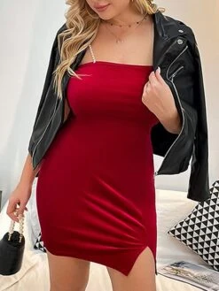 Women‘s Plus Size Curve Party Dress Velvet Dress Cocktail Dress Mini Dress Wine Sleeveless Pure Color Split Fall Winter Autumn Spaghetti Strap Fashion Wedding Guest Vacation Fall Dress 2023 XL XXL 3XL