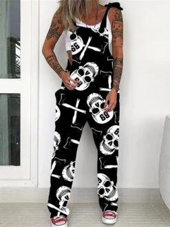 Women's Overall Halloween Skeleton Pocket Print Floral Square Neck Streetwear Daily Vacation Regular Fit Sleeveless Black White Yellow S M L Summer