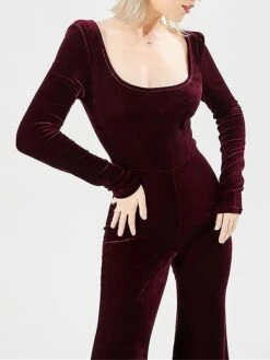 Women‘s Jumpsuit High Waist Velvet Disco Queen Wedding Solid Color U Neck Daily Regular Fit Long Sleeve Wine Navy Blue S M L Fall -Cheap Plus Fit Dress Store ttezac1693388139788