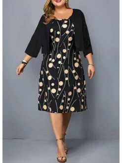 Women‘s Plus Size Curve Dress Set Polka Dot Crew Neck Print 3/4 Length Sleeve Spring Fall Elegant Mini Dress Formal Office Dress