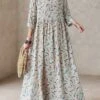 Women's Casual Dress Linen Dress Swing Dress Maxi Long Dress Linen Fashion Modern Outdoor Daily Holiday Crew Neck Print Long Sleeve Fall Winter Autumn 2023 Loose Fit Apricot Flower L XL 2XL