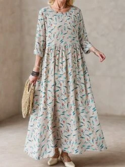 Women's Casual Dress Linen Dress Swing Dress Maxi Long Dress Linen Fashion Modern Outdoor Daily Holiday Crew Neck Print Long Sleeve Fall Winter Autumn 2023 Loose Fit Apricot Flower L XL 2XL