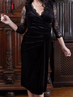 Women's Plus Size Curve Party Dress Velvet Dress Work Dress Plain Midi Dress 3/4 Length Sleeve Lace Ruched V Neck Fashion Party Black Wine Fall Winter XL XXL 3XL 4XL -Cheap Plus Fit Dress Store tuayud1696567806424