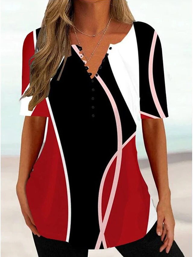 Women's T Shirt Tee Pink Red Beige Color Block Button Print Short Sleeve Daily Weekend Tunic Basic Round Neck Regular Fit Painting 2 Women's T Shirt Tee Pink Red Beige Color Block Button Print Short Sleeve Daily Weekend Tunic Basic Round Neck Regular Fit Painting - Image 2