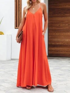 Women's Jumpsuit Backless Pocket Solid Color V Neck Streetwear Daily Vacation Regular Fit Spaghetti Strap Black Light Green Army Green S M L Spring