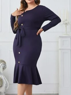 Women‘s Plus Size Curve Work Dress Sheath Dress Semi Formal Dress Fashion Midi Dress Lace Up Ruffle Crew Neck Long Sleeve Plain Regular Fit Navy Blue Spring Fall XL XXL 3XL 4XL -Cheap Plus Fit Dress Store tufcph1692089357691