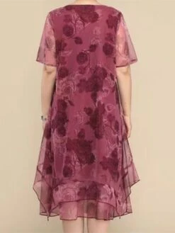 Women's Plus Size Party Dress Cocktail Dress Wedding Guest Dress Midi Dress Wine Blue Short Sleeve Floral Mesh Summer Spring Fall Crew Neck Fashion Wedding Guest Vacation Summer Dress 2023 L XL XXL -Cheap Plus Fit Dress Store turdpl1690176958531