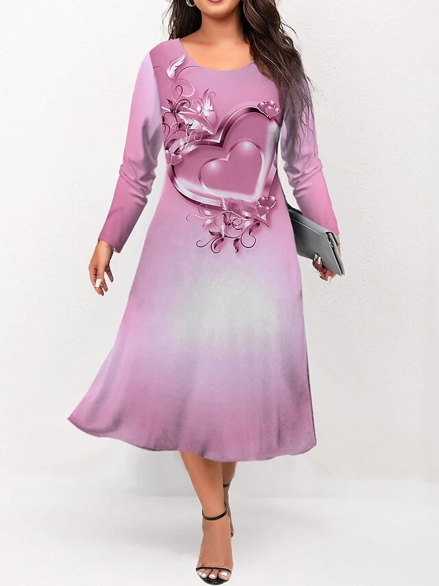 Women's Plus Size Curve Casual Dress Skater Dress A Line Dress Floral Heart Midi Dress Long Sleeve Print Crew Neck Fashion Outdoor Blue Purple Fall Winter L XL XXL 3XL 4XL 3 Women's Plus Size Curve Casual Dress Skater Dress A Line Dress Floral Heart Midi Dress Long Sleeve Print Crew Neck Fashion Outdoor Blue Purple Fall Winter L XL XXL 3XL 4XL - Image 3