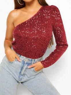 Women's Bodysuit Sequin Solid Color One Shoulder Streetwear Party Street Slim Long Sleeve Black White Pink S M L Fall