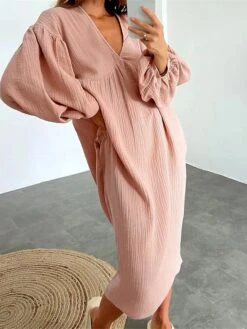 Women's Casual Dress Cotton Dress Loose Dress Midi Dress Linen / Cotton Blend Basic Classic Outdoor Daily Vacation V Neck Basic Long Sleeve Summer Spring Fall 2023 Loose Fit White Pink Blue Plain S M -Cheap Plus Fit Dress Store tvtbne1690872873760