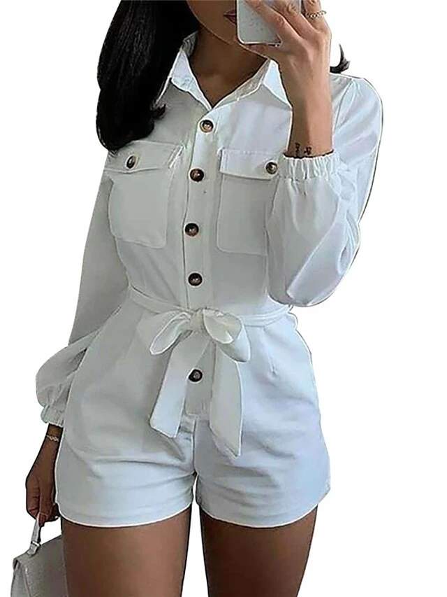 Women's Romper Button Shirt Collar Streetwear Street Regular Fit White S M L Summer 8 Women's Romper Button Shirt Collar Streetwear Street Regular Fit White S M L Summer - Image 8