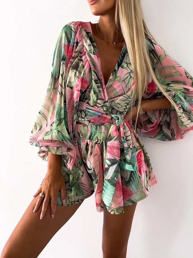 Women's Romper Print Floral V Neck Streetwear Street Going Out Regular Fit Long Sleeve Pink Red Blue S M L Summer 2 Women's Romper Print Floral V Neck Streetwear Street Going Out Regular Fit Long Sleeve Pink Red Blue S M L Summer - Image 2