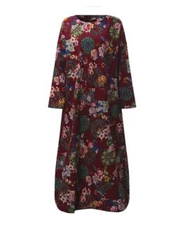 Women's Casual Dress Cotton Linen Dress Loose Dress Maxi Long Dress Linen / Cotton Blend Daily Stylish Outdoor Daily Vacation Crew Neck Print Long Sleeve Spring Fall Winter 2023 Loose Fit Wine Red -Cheap Plus Fit Dress Store twthde1695014791899
