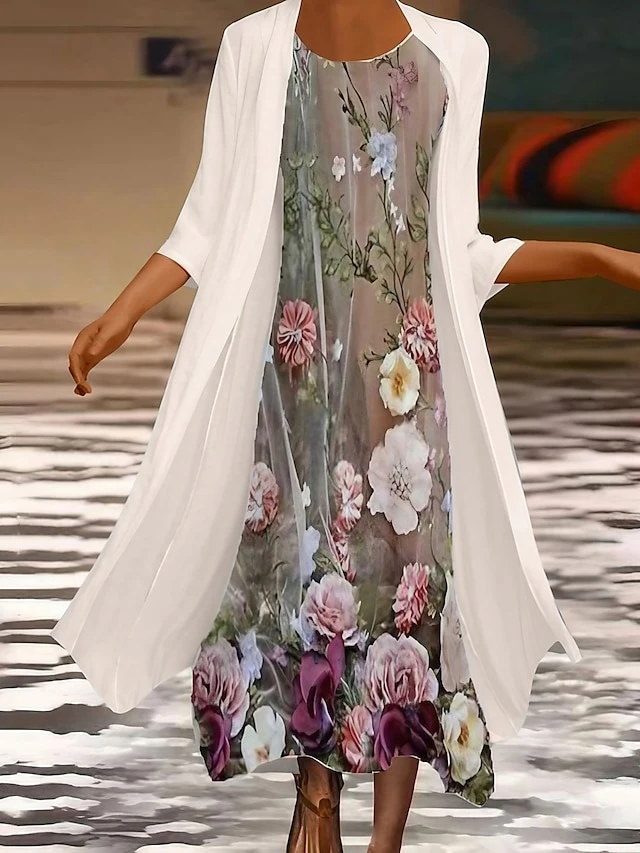 Women's Dress Set Two Piece Dress Chiffon Dress Midi Dress Beige 3/4 Length Sleeve Floral Chiffon Fall Winter Autumn Crew Neck Stylish Loose Fit 2023 M L XL XXL 3XL 4XL 5XL 1 Women's Dress Set Two Piece Dress Chiffon Dress Midi Dress Beige 3/4 Length Sleeve Floral Chiffon Fall Winter Autumn Crew Neck Stylish Loose Fit 2023 M L XL XXL 3XL 4XL 5XL