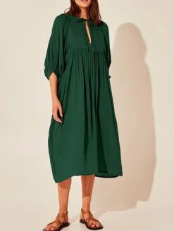 Women's Shirt Dress Casual Dress Midi Dress Outdoor Daily Date Cotton Basic Classic V Neck Ruched Long Sleeve Fall Winter 2023 Loose Fit Black Green Apricot Pure Color S M L XL -Cheap Plus Fit Dress Store txewcx1695096318707