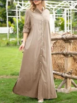 Women's Shirt Dress Casual Dress Maxi Long Dress Outdoor Daily Vacation Polyester Fashion Casual Shirt Collar Button Long Sleeve Summer Spring Fall 2023 Loose Fit Wine Navy Blue Green Plain S M L XL -Cheap Plus Fit Dress Store txhzcf1689737493880