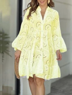 Women's Shirt Dress Casual Dress Mini Dress Outdoor Daily Date Cotton Basic Classic V Neck Button Long Sleeve Spring Fall Winter 2023 Loose Fit Yellow Pink Red Pure Color S M L XL 2XL -Cheap Plus Fit Dress Store txjcfd1694576757553