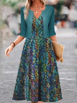 Women's Two Piece Dress Set Casual Dress Swing Dress Outdoor Daily Fashion Elegant Print Midi Dress V Neck Half Sleeve Floral Regular Fit Blue Purple Fuchsia Fall Winter S M L XL XXL -Cheap Plus Fit Dress Store txjqhy1697681155031