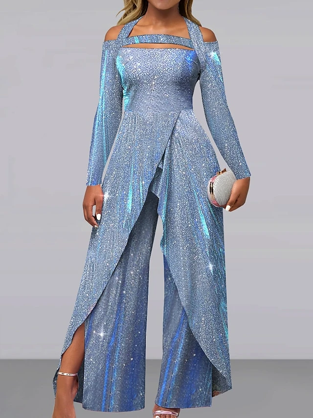 Women‘s Jumpsuit Sparkly Solid Color Off Shoulder Elegant Wedding Party Wide Leg Regular Fit Long Sleeve Blue S M L All Seasons 1 Women‘s Jumpsuit Sparkly Solid Color Off Shoulder Elegant Wedding Party Wide Leg Regular Fit Long Sleeve Blue S M L All Seasons