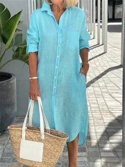 Women's Shirt Dress Cotton Linen Dress Casual Dress Midi Dress Cotton Blend Fashion Classic Outdoor Daily Vacation Shirt Collar Button Pocket 3/4 Length Sleeve Summer Spring Fall 2023 Loose Fit Blue
