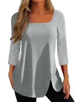 Women's T Shirt Tee Burgundy Tee Black Wine Green Plain Button 3/4 Length Sleeve Daily Weekend Daily Basic Square Neck Regular Fit Fall & Winter