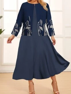 Women‘s Plus Size Curve Two Piece Dress Set Casual Dress Swing Dress Outdoor Office Fashion Streetwear Print Midi Dress Crew Neck Long Sleeve Geometric Color Block Regular Fit Black Navy Blue -Cheap Plus Fit Dress Store tytulg1692078973605