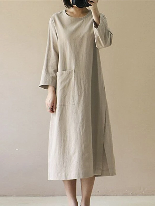 Women's Casual Dress Cotton Linen Dress Midi Dress Cotton Blend Basic Casual Outdoor Daily Vacation Crew Neck Pocket Long Sleeve Summer Spring Fall 2023 Loose Fit Black Wine Navy Blue Plain S M L XL 10 Women's Casual Dress Cotton Linen Dress Midi Dress Cotton Blend Basic Casual Outdoor Daily Vacation Crew Neck Pocket Long Sleeve Summer Spring Fall 2023 Loose Fit Black Wine Navy Blue Plain S M L XL - Image 10