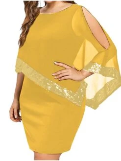 Women‘s Plus Size Curve Sequin Dress Work Dress Sheath Dress Solid Color Mini Dress Long Sleeve Crew Neck Fashion Evening Party Black Yellow Summer Spring L XL XXL 3XL 4XL -Cheap Plus Fit Dress Store tzozgj1690366140353