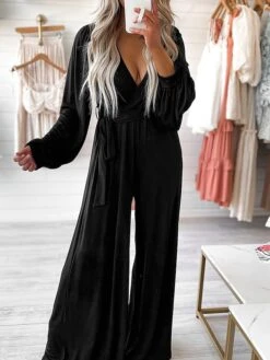 Women's Jumpsuit Lace Up Solid Color Deep V Streetwear Street Daily Wide Leg Regular Fit Long Sleeve Black S M L Fall