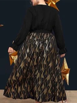 Women's Plus Size Curve Prom Dress Party Dress Wedding Guest Dress Long Dress Maxi Dress Black Long Sleeve Print Lace Up Fall Winter Autumn V Neck Fashion Evening Party Wedding Guest L XL -Cheap Plus Fit Dress Store uaambe1693205936094