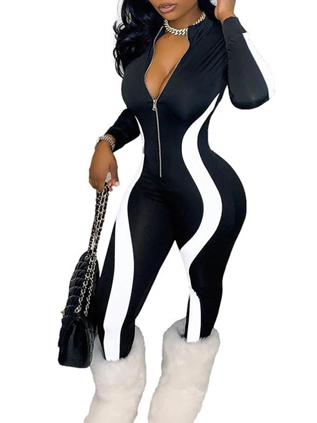 Women's Catsuit Zipper Striped Stand Collar Active Sport Daily Regular Fit Short Sleeve Blue Red Black S M L Spring 5 Women's Catsuit Zipper Striped Stand Collar Active Sport Daily Regular Fit Short Sleeve Blue Red Black S M L Spring - Image 5