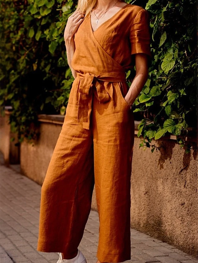 Women's Jumpsuit Lace Up Pocket Solid Color V Neck Streetwear Daily Vacation Regular Fit Short Sleeve Black Fuchsia Khaki S M L Spring 2 Women's Jumpsuit Lace Up Pocket Solid Color V Neck Streetwear Daily Vacation Regular Fit Short Sleeve Black Fuchsia Khaki S M L Spring - Image 2