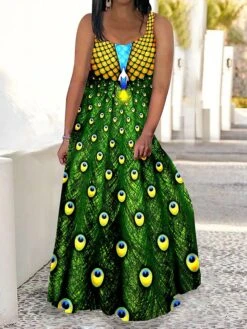 Women's Plus Size Curve Casual Dress Swing Dress Strap Dress Peacock Feather Maxi Long Dress Sleeveless Print Strap Romantic Daily Deep Purple Deep Green Summer Spring L XL XXL 3XL 4XL -Cheap Plus Fit Dress Store uafzmm1680773034181