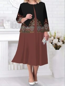 Women's Plus Size Two Piece Dress Set Casual Dress Paisley Dress Outdoor Office Fashion Streetwear Print Midi Dress Crew Neck Long Sleeve Floral Paisley Regular Fit Black Blue Brown Fall Winter L XL