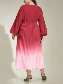 Women's Plus Size Work Dress Swing Dress Semi Formal Dress Fashion Long Dress Maxi Dress Pleated Print V Neck Long Sleeve Ombre Regular Fit Red Fall Winter L XL XXL 3XL 4XL -Cheap Plus Fit Dress Store uakgct1693300576705