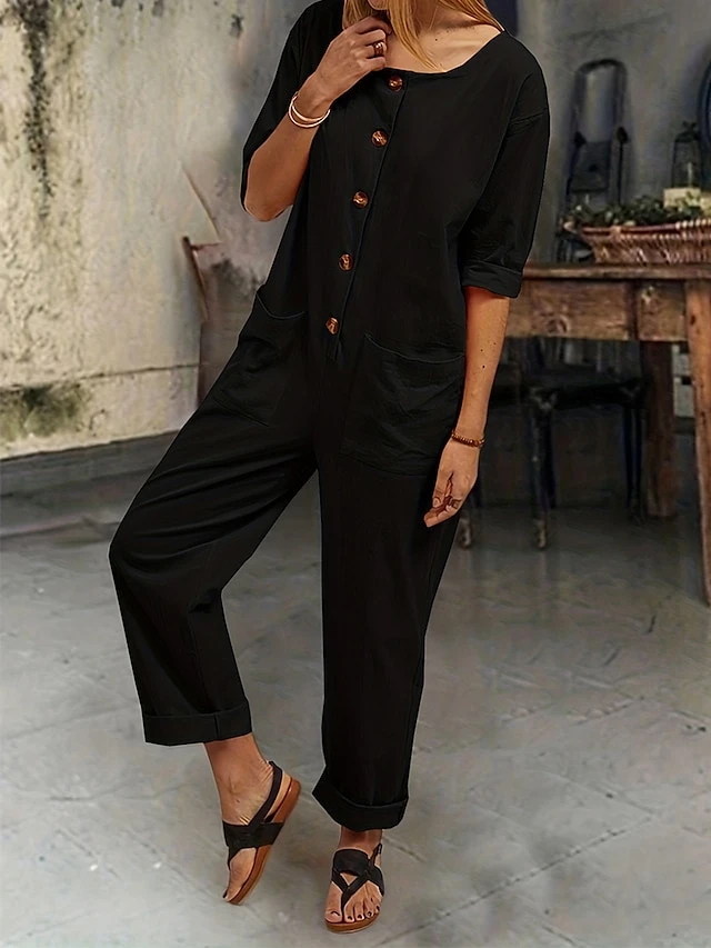 Women's Jumpsuit Button Pocket Solid Color Round Neck Streetwear Home Daily Slim Half Sleeve Black Red Blue S M L Fall 6 Women's Jumpsuit Button Pocket Solid Color Round Neck Streetwear Home Daily Slim Half Sleeve Black Red Blue S M L Fall - Image 6