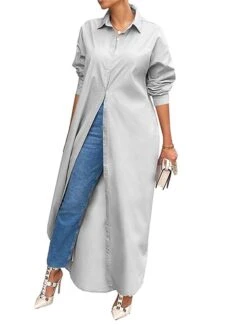 Women's Shirt Dress Casual Dress Midi Dress Outdoor Daily Vacation Polyester Fashion Modern Shirt Collar Split Long Sleeve Fall Winter 2023 Loose Fit Black White Yellow Plain S M L XL XXL -Cheap Plus Fit Dress Store uaxdib1692342899525