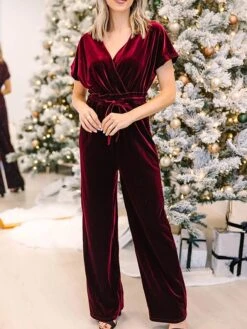 Women's Jumpsuit Lace Up High Waist Solid Color Round Neck Active Christmas Daily Regular Fit Short Sleeve Black Wine Green S M L Fall