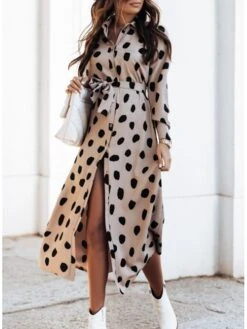 Women's Sheath Dress Midi Dress Black Yellow Light Brown Long Sleeve Polka Dot Split Winter Fall Autumn Shirt Collar Winter Dress Fall Dress Loose Fit S M L XL XXL -Cheap Plus Fit Dress Store ubapro1616744408519
