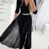 Women Party Jumpsuit SheathBlack Long Maxi Black 3/4 Length Sleeve Pure Color Wedding Mesh Winter Fall Spring Deep V Fashion S M L XL Cold Weather