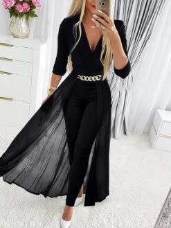 Women Party Jumpsuit SheathBlack Long Maxi Black 3/4 Length Sleeve Pure Color Wedding Mesh Winter Fall Spring Deep V Fashion S M L XL Cold Weather
